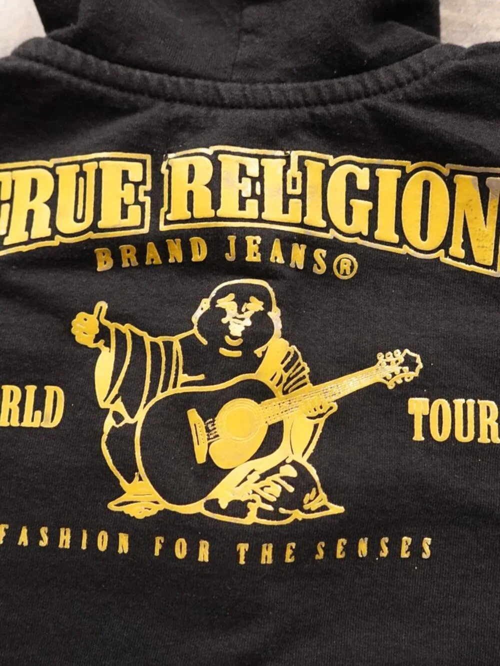 True Religion Zip Hoodie Youth Size 5 Black Gold Logo Graphic Fleece Full Zip